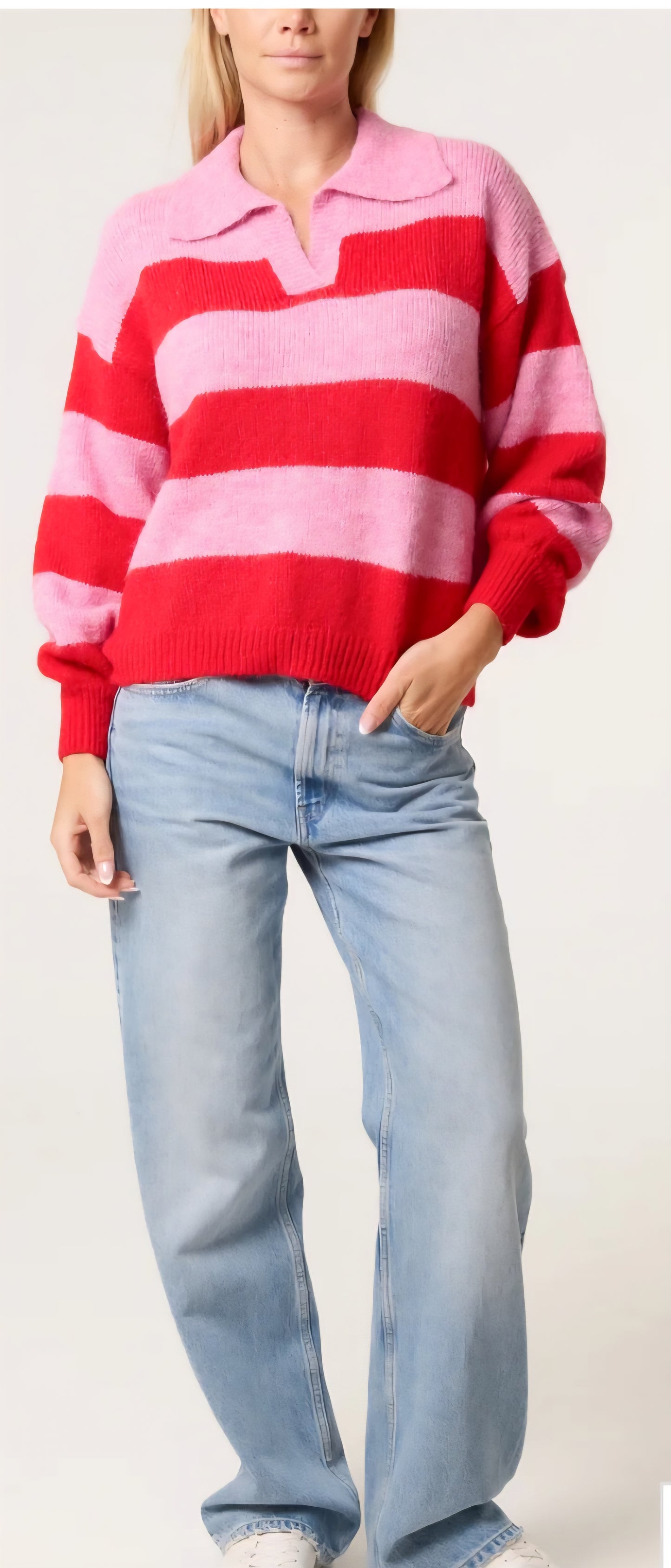 Polo Collar Striped Knit Jumper
