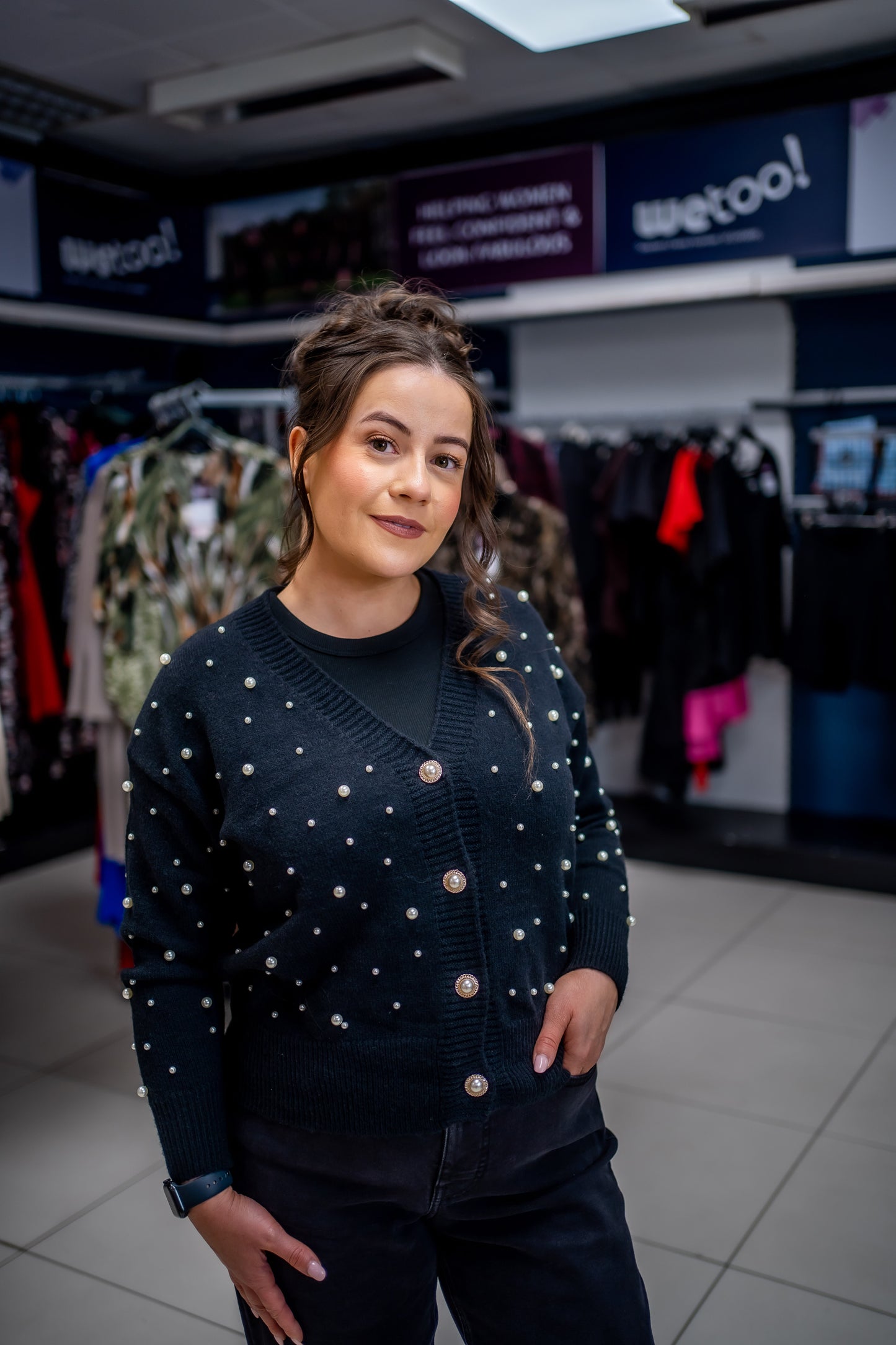 Lovedrobe Pearl Embellished Black Cardigan