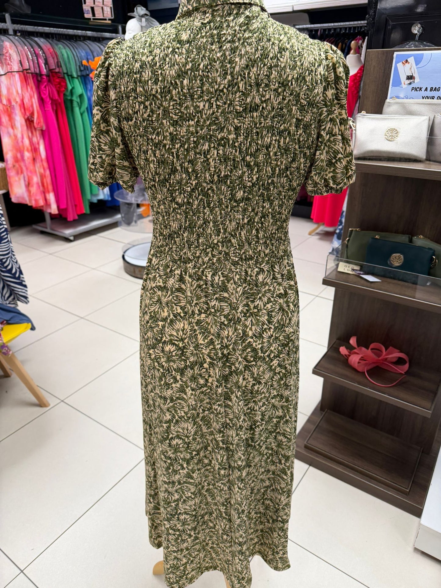 Floral Khaki Shirred Shirt Dress