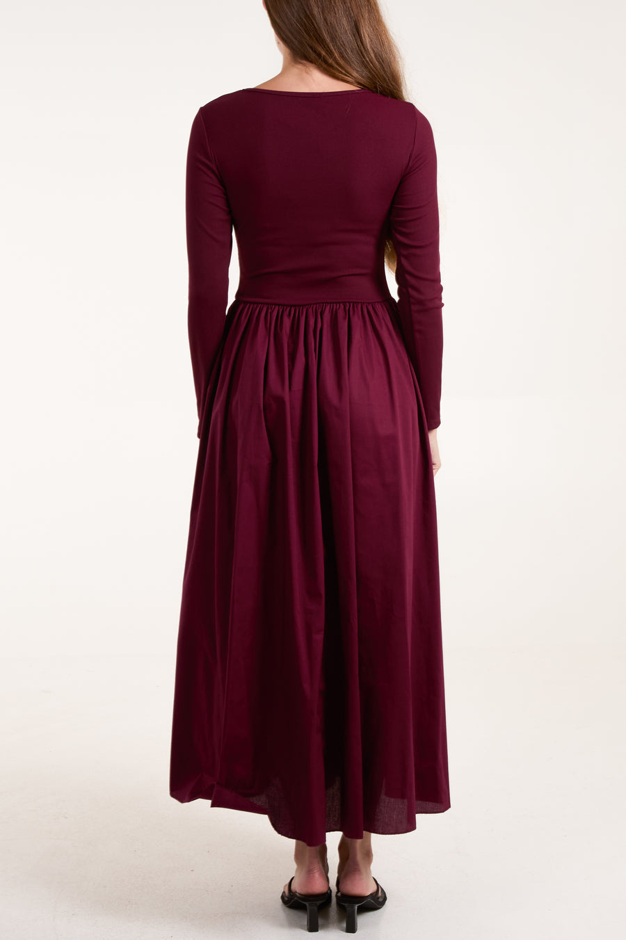 Long Sleeve Ribbed Bodice Midi Dress