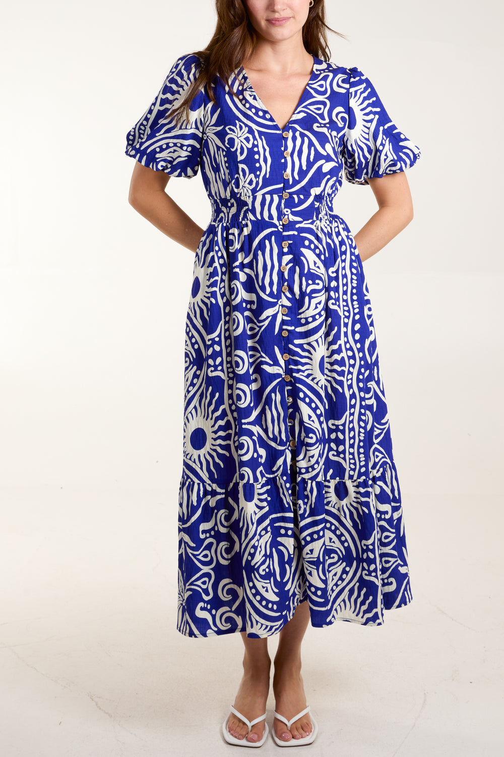 Blue Abstract Button Front Midi Dress