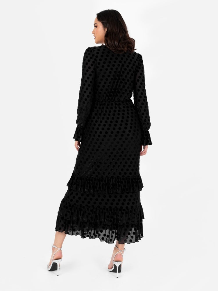 Lovedrobe Black Flocked Polka Dot Midaxi Dress