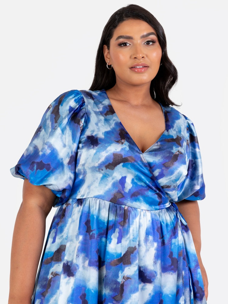 Lovedrobe Blue Satin Wrap Midaxi Dress