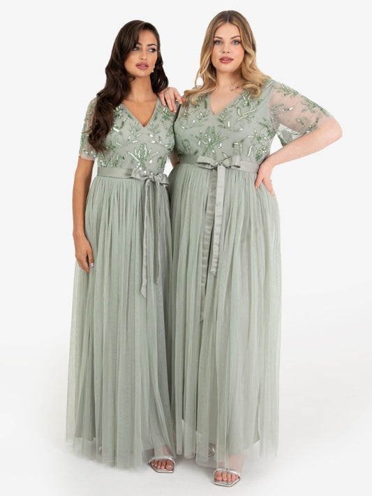 Maya Sage Green Floral Embellished Maxi Dress