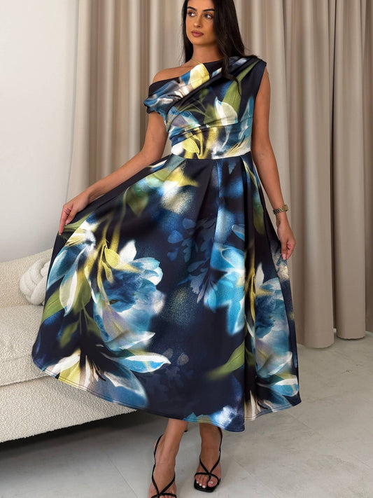 Girl In Mind Betty Asymmetrical Neckline Skater Midi Blue Floral