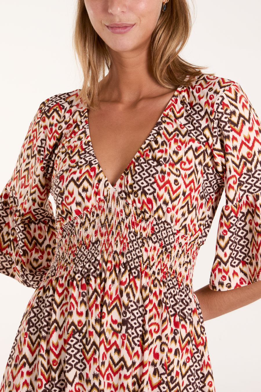 Aztec Print V Neck Shirred Midi Dress