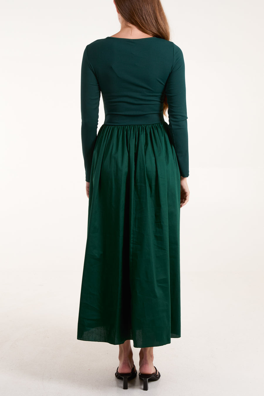 Long Sleeve Ribbed Bodice Midi Dress