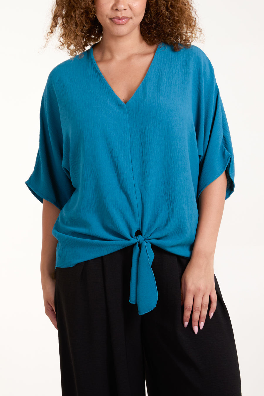 V Neck Front Tie Hem Blouse