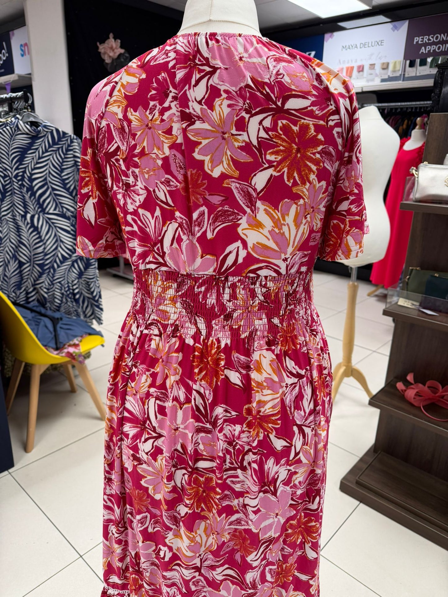 V Neck Shirred Pink Floral Maxi Dress