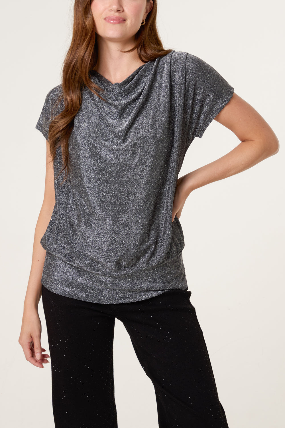 Cowl Neck Metallic Draped Top