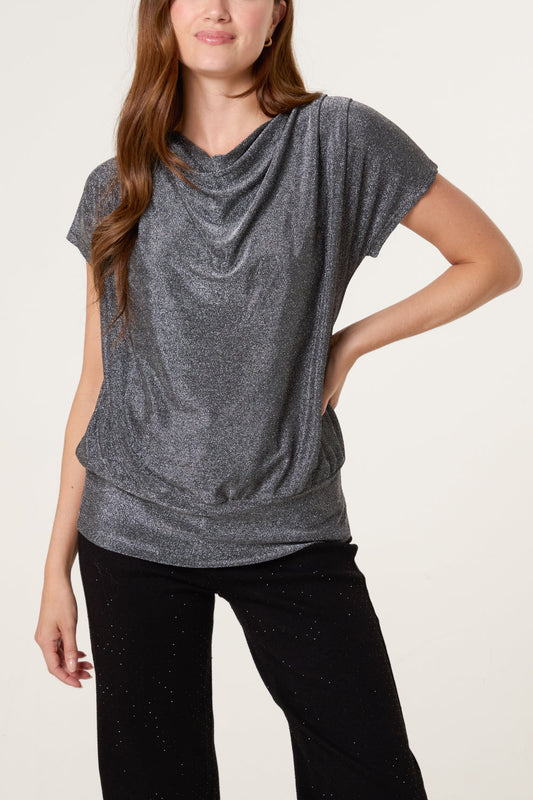 Cowl Neck Metallic Draped Top