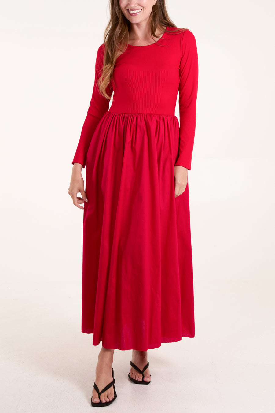 Long Sleeve Ribbed Bodice Midi Dress