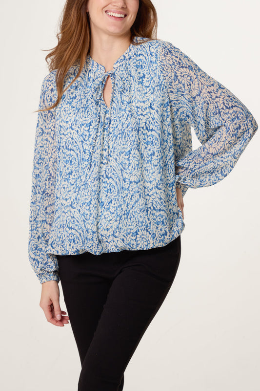 Grandad Tie Neck Bubble Hem Blouse