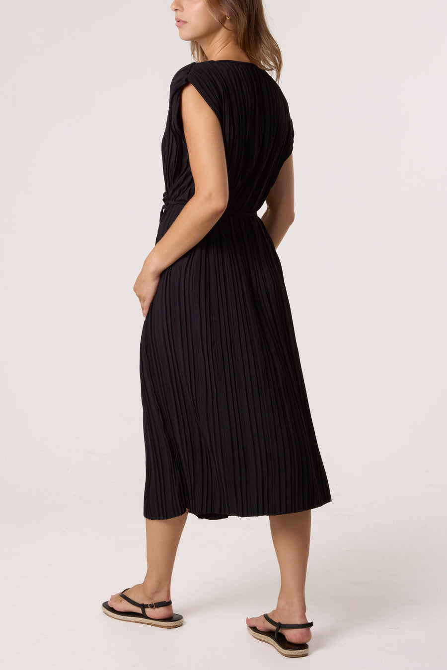 Pleated Shoulder Pad Midi Dress
