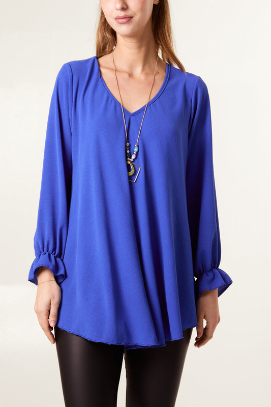 V Neck Bell Sleeve Blouse With Necklace