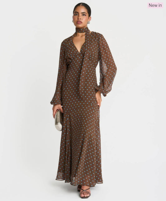 Needs No Label Chocolate Spot Tie Neck Maxi Dress