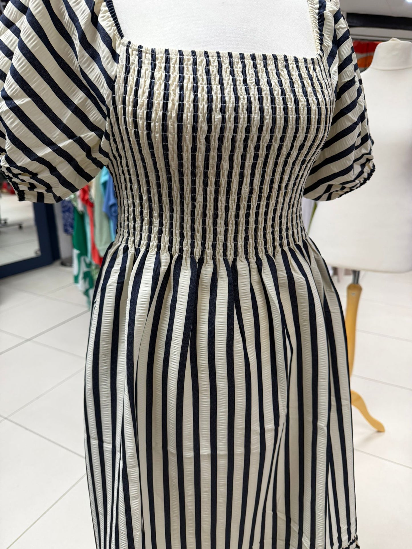 Square Neck Navy Stripe Midi Dress