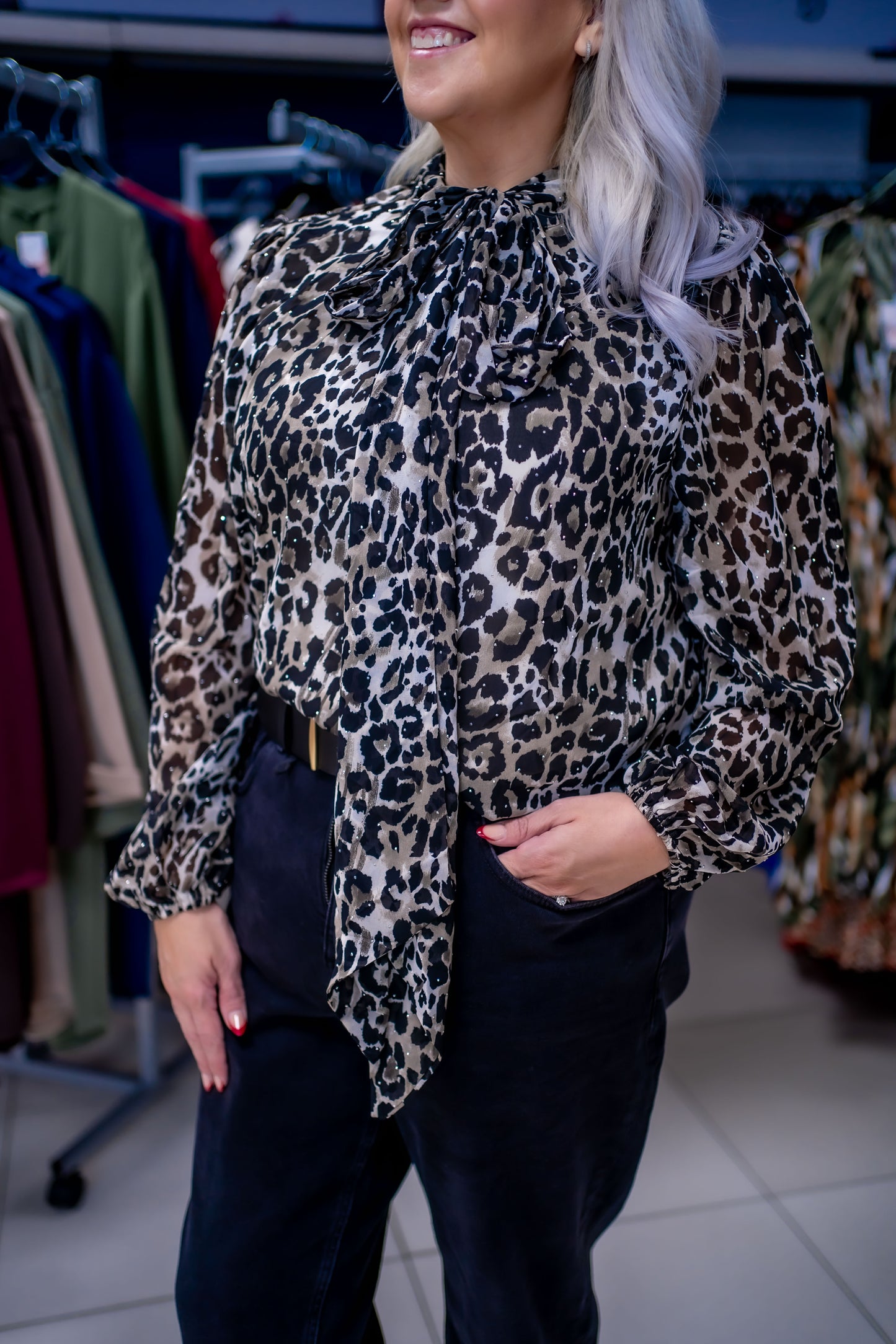 High Tie Neck Diamante Animal Blouse