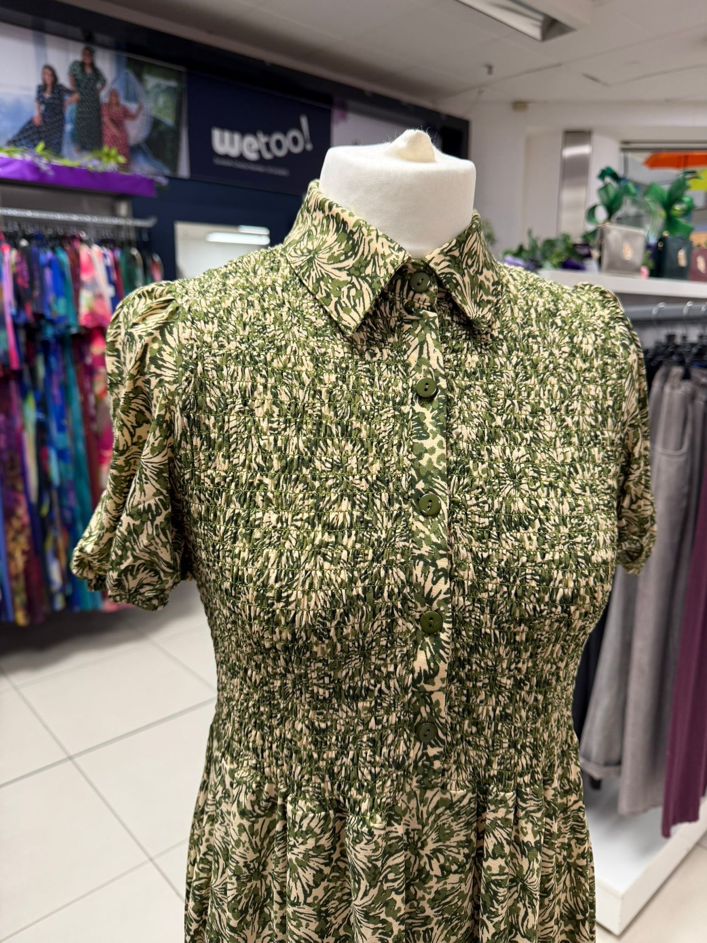 Floral Khaki Shirred Shirt Dress