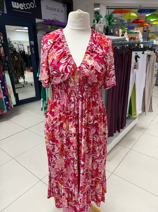 V Neck Shirred Pink Floral Maxi Dress