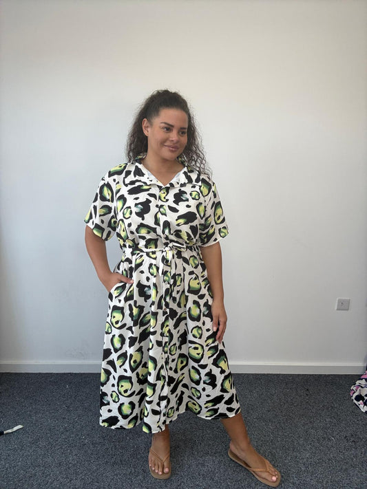 Green Leopard Print Shirt Dress