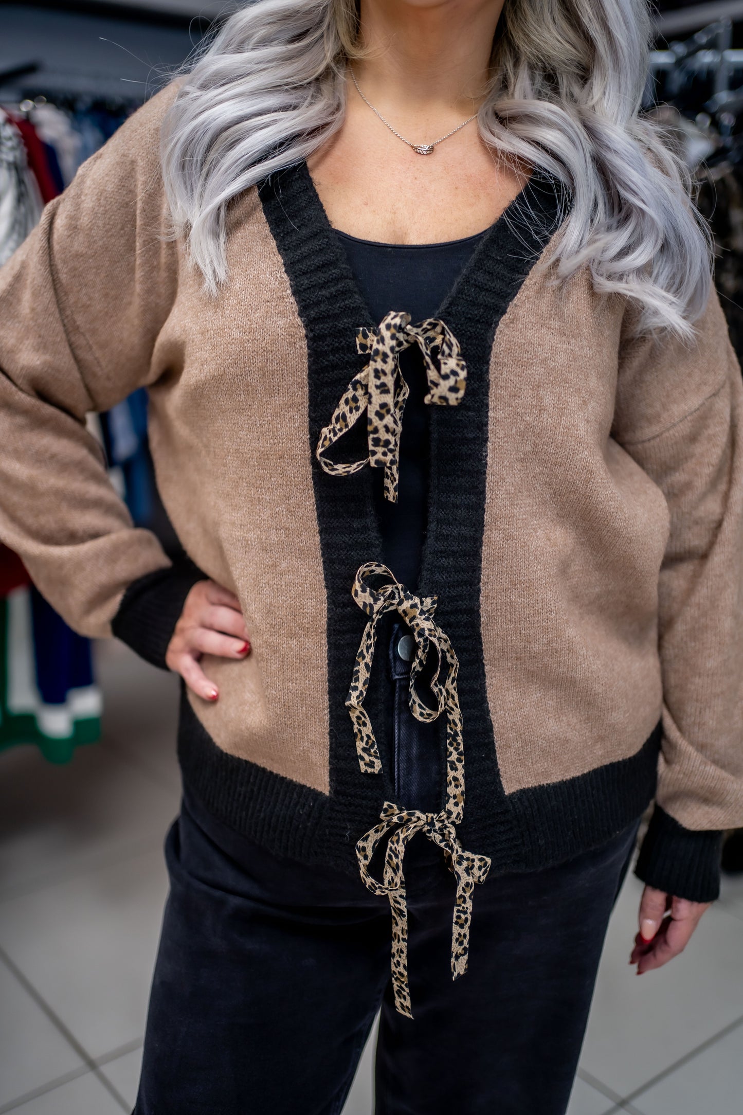 Lovedrobe Contrast Edge & Animal Print Ribbon Tie Cardigan