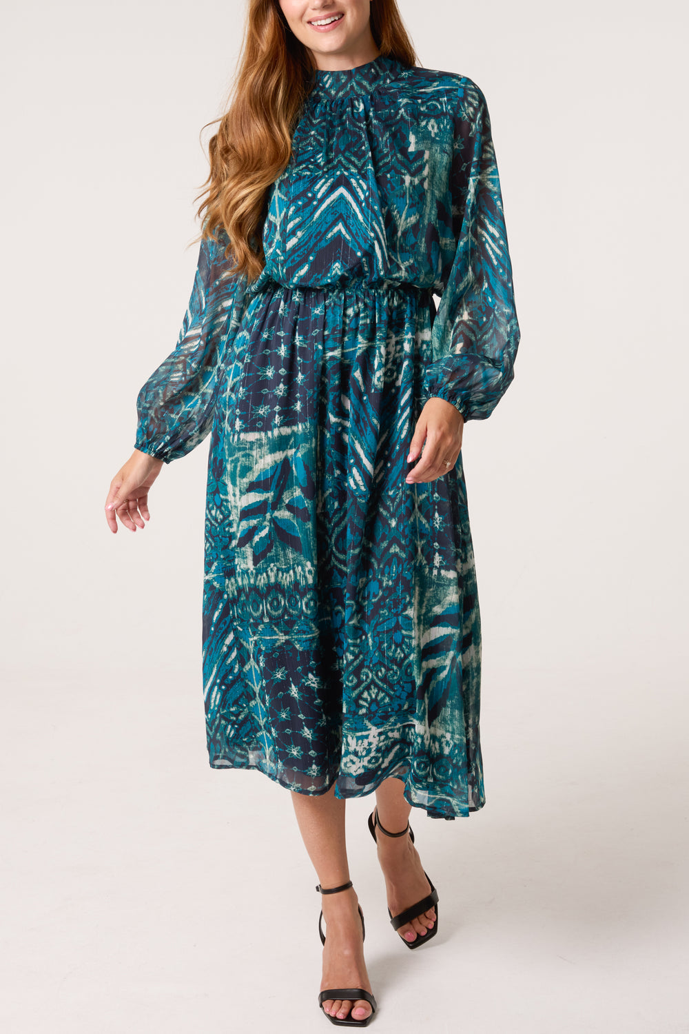 Abstract Leaf Print Puffball High Neck Dress