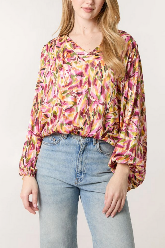 Multicolour V Neck Puffball Blouse