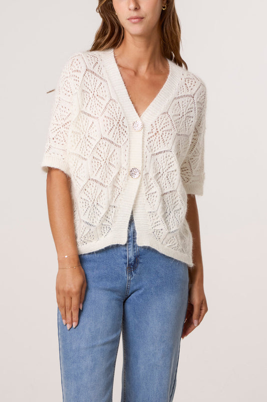 Pointelle Knit Short Sleeve Cardigan