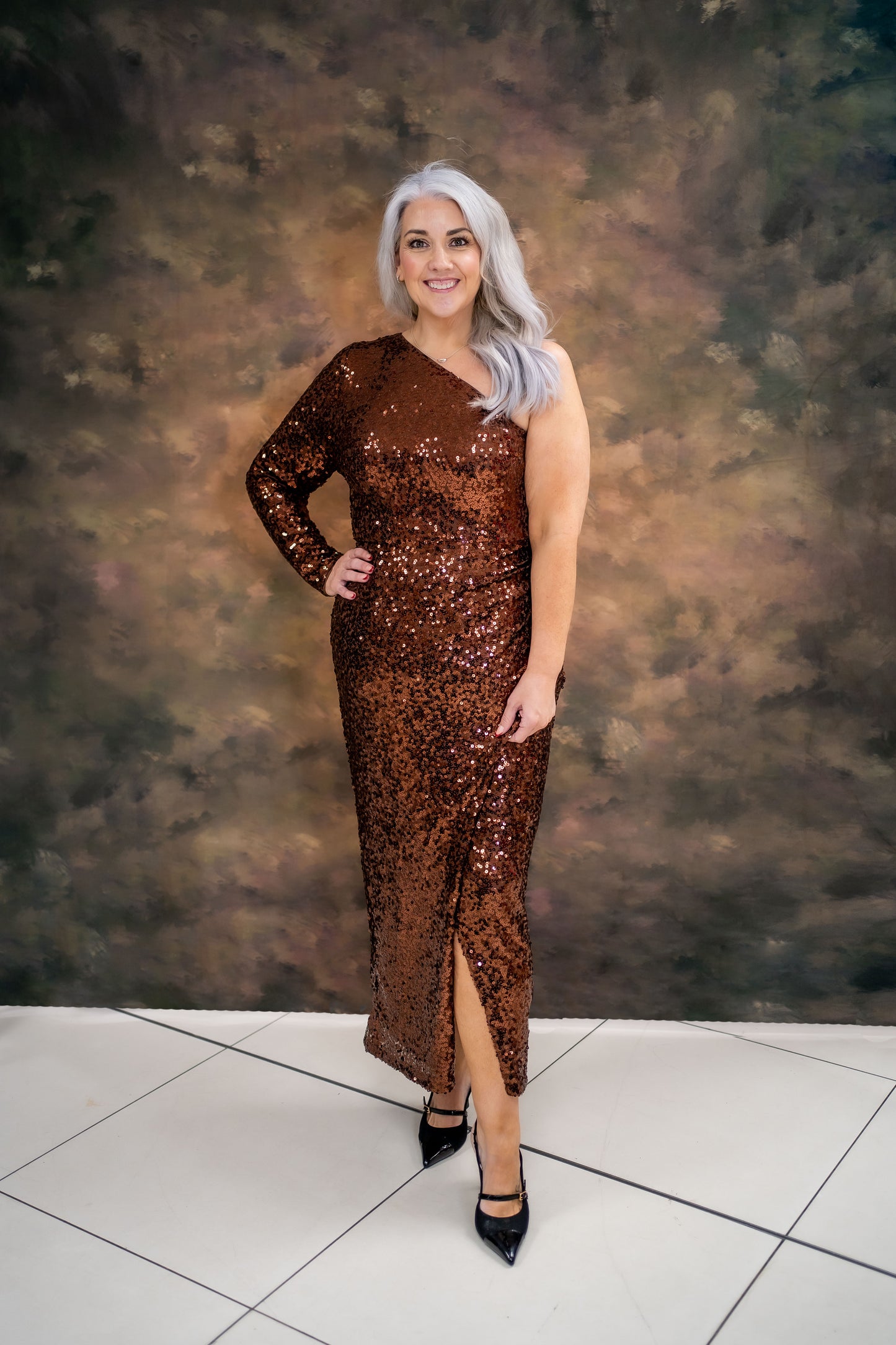 Maya Brown One Sleeve Embellished Midaxi Dress