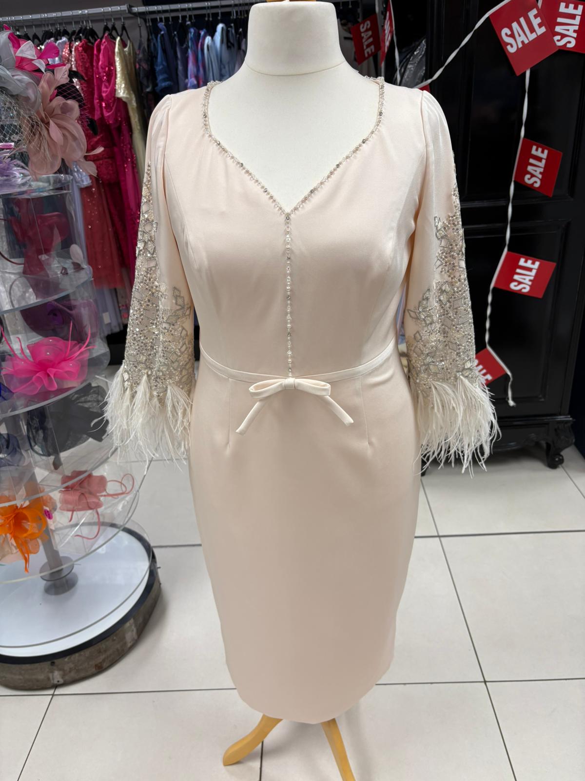 Gino Cerruti Satin Crepe MOB/MOG Dress With Feather Trim