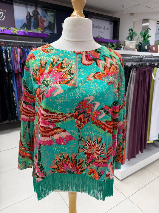 Malissa J Green Multi Woven Top With Tassel Hem