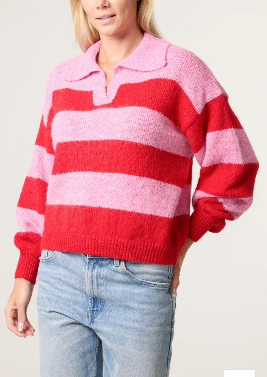 Polo Collar Striped Knit Jumper