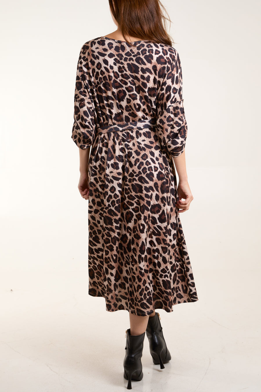 Ribbed Leopard Print Belted Midi Dress