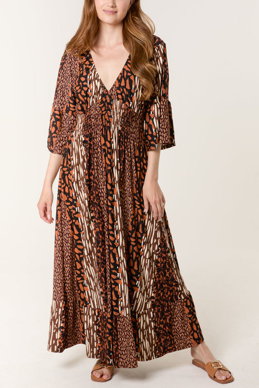 Mixed Animal Print Shirred Waist Dress
