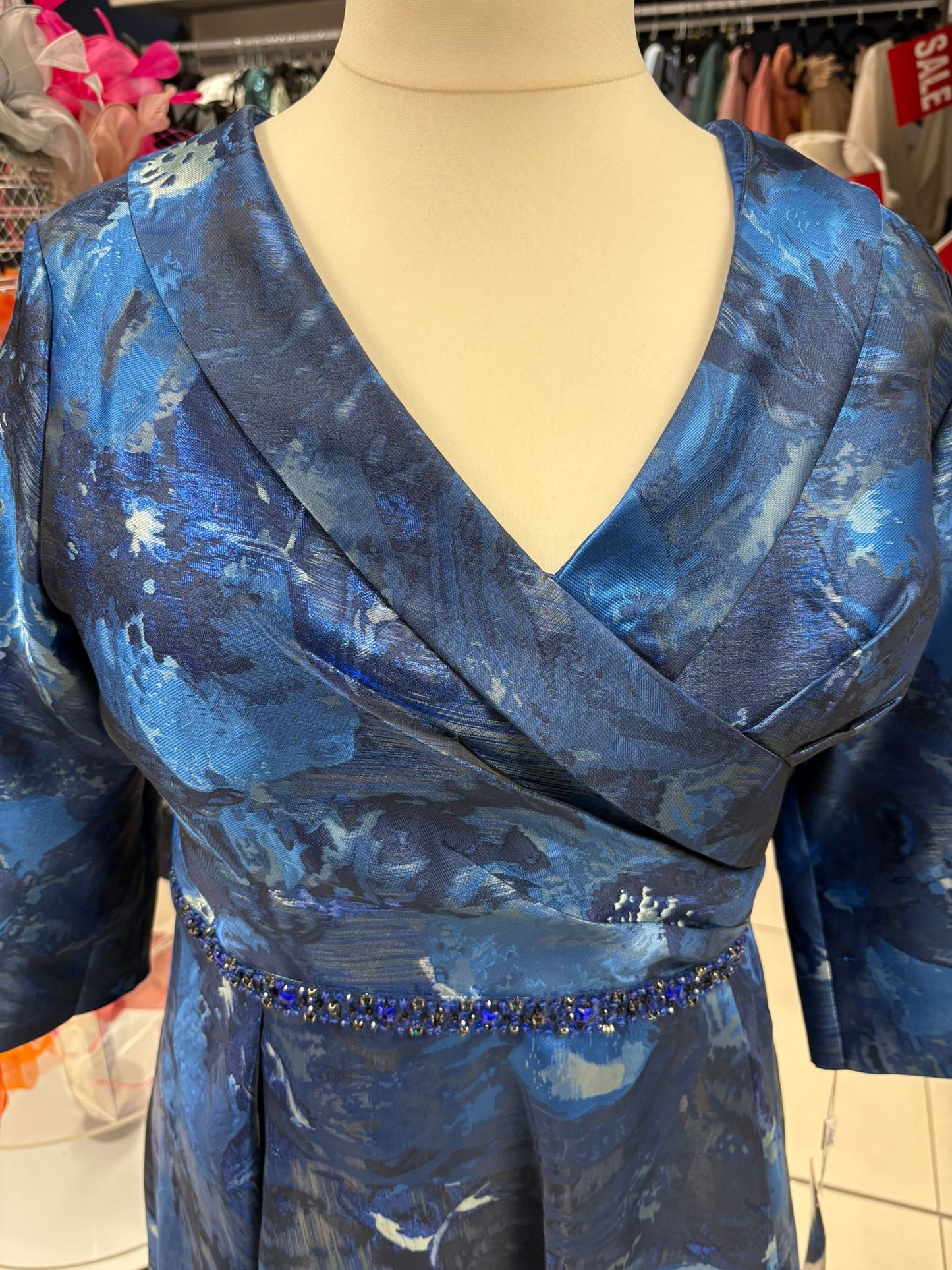 Gino Cerruti Midnight Blue Print Embellished Belt MOB Dress