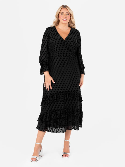 Lovedrobe Black Flocked Polka Dot Midaxi Dress