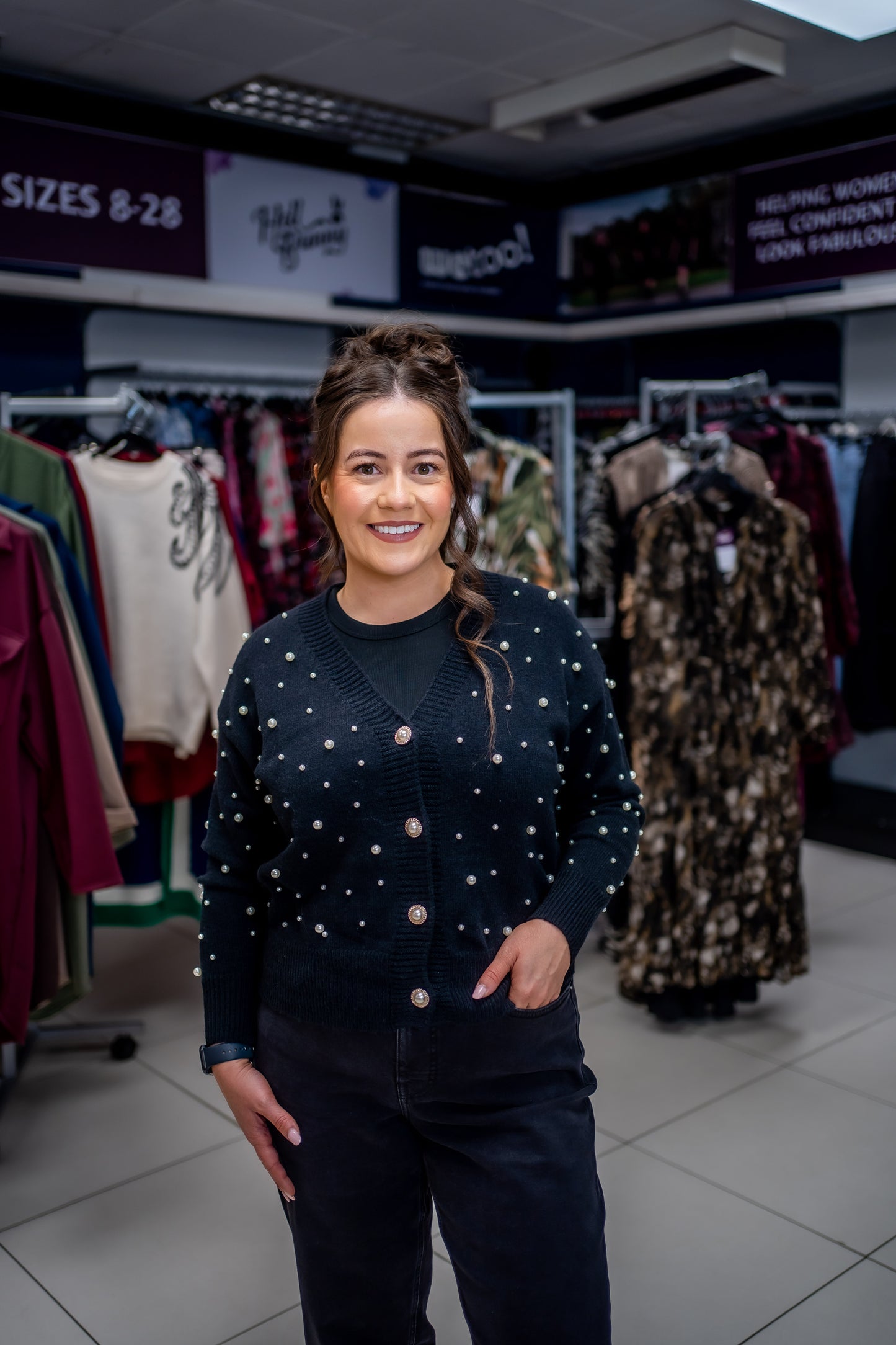 Lovedrobe Pearl Embellished Black Cardigan