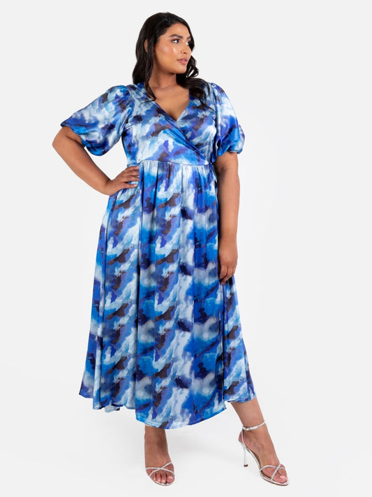 Lovedrobe Blue Satin Wrap Midaxi Dress