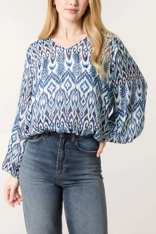 Aztec Print V Neck Puffball Blouse