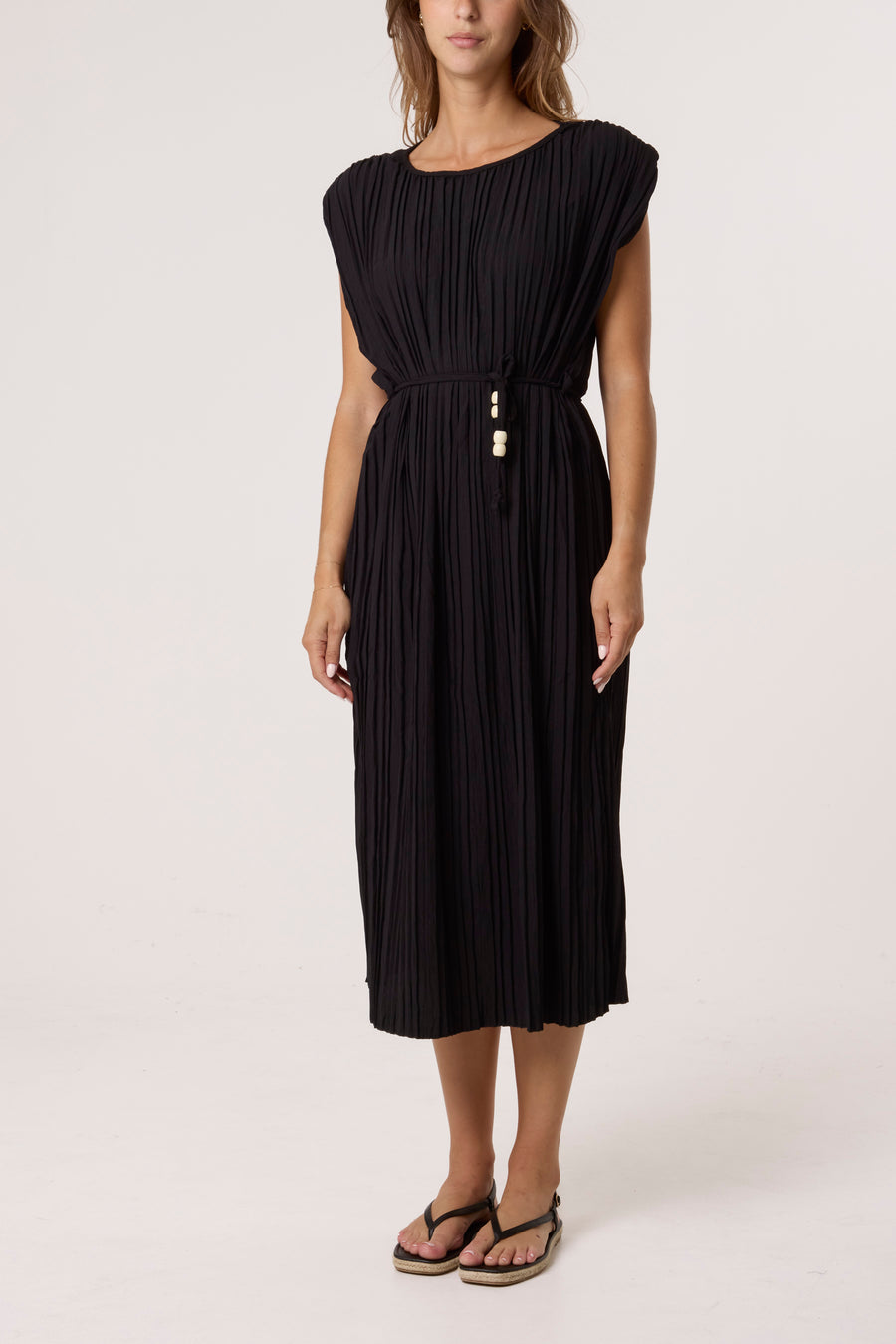 Pleated Shoulder Pad Midi Dress