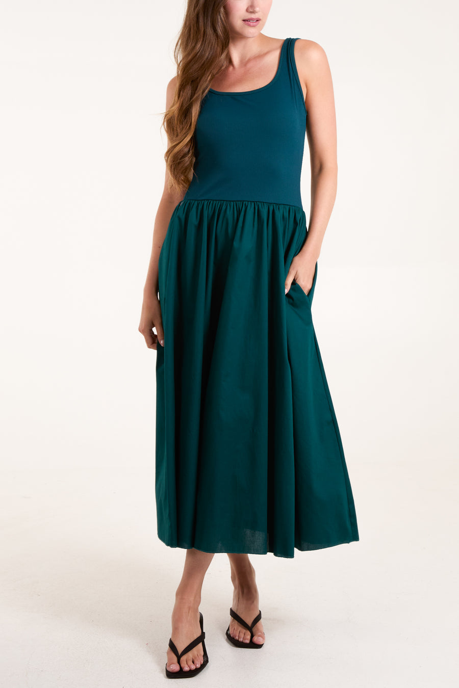 Square Neck Sleeveless Midi Dress With Pockets