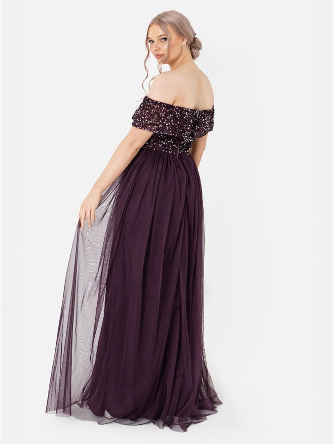 Maya Berry Embellished Bardot Maxi Dress