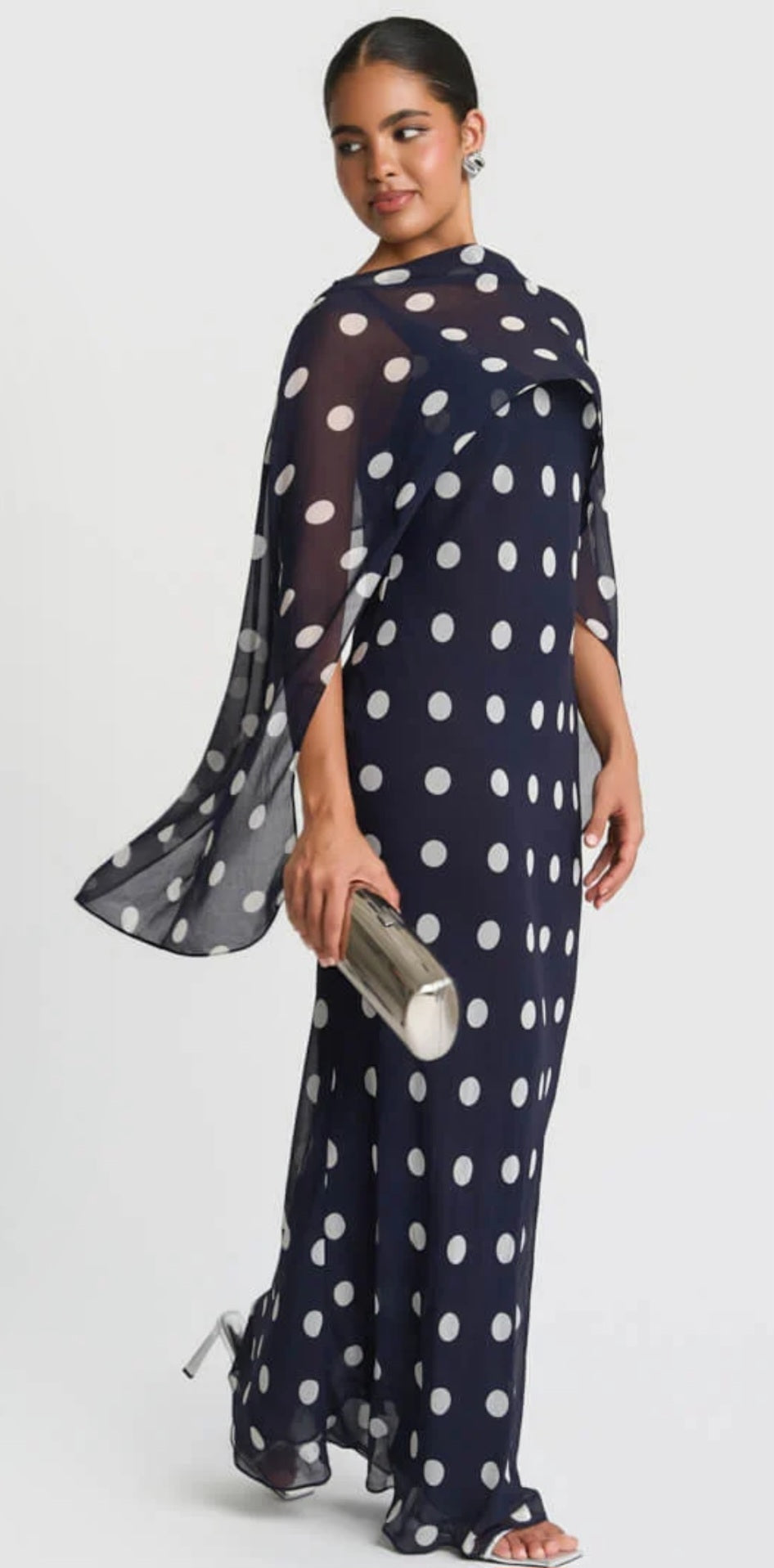 Needs no label, navy spot chiffon cape maxi dress