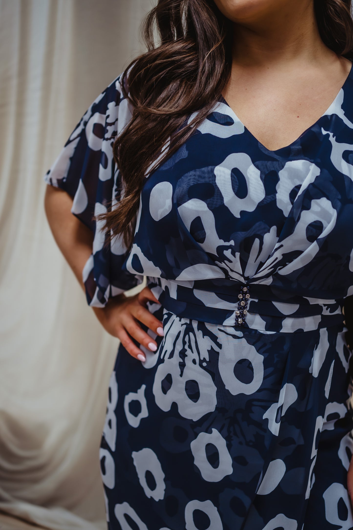 Lizabella Navy And White Chiffon Dress With Flutter Sleeves