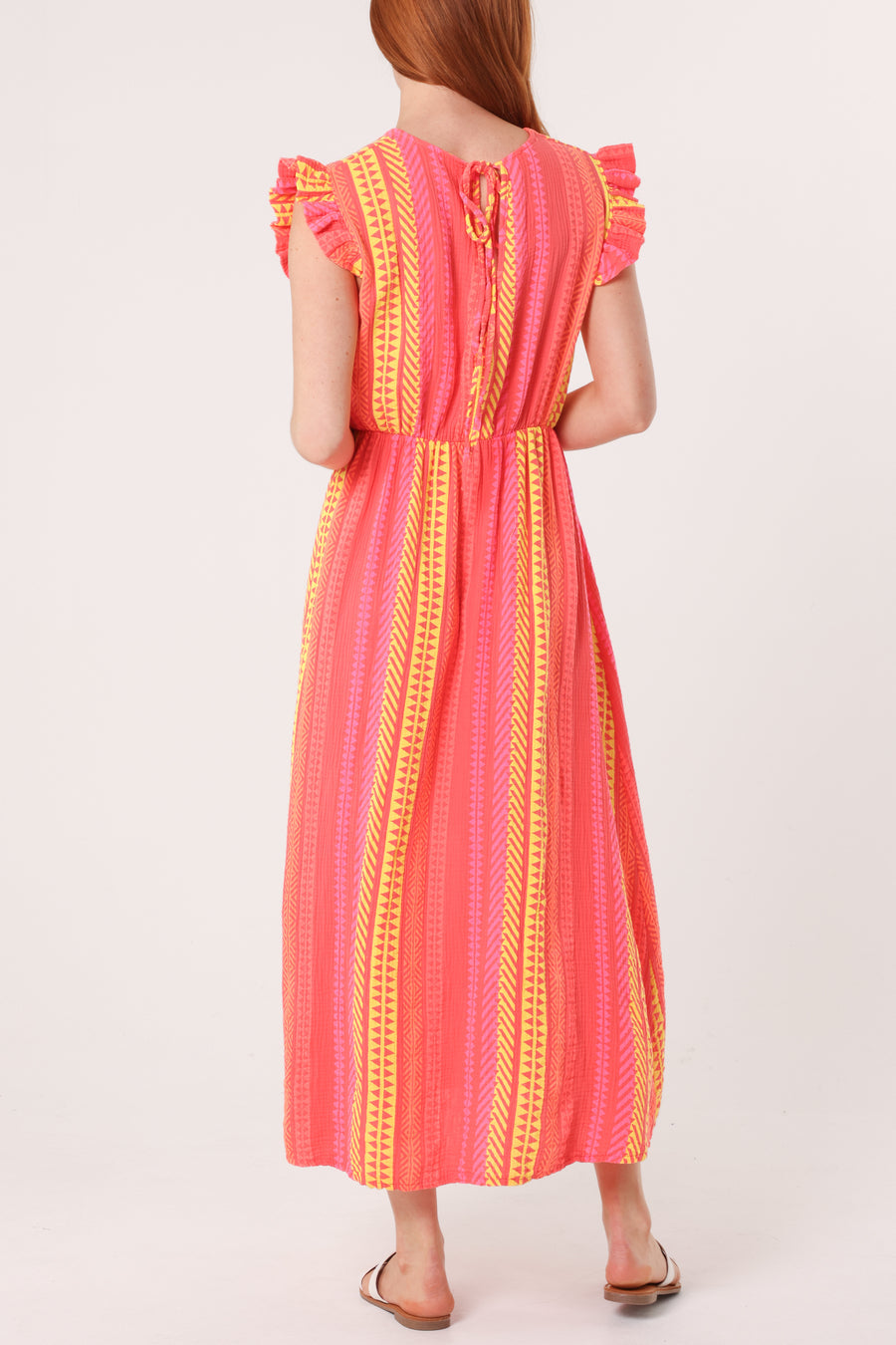 Aztec Print Frill Sleeve Cotton Dress