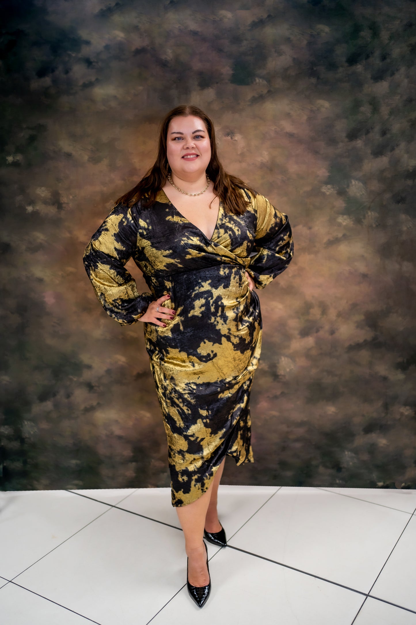 Lovedrobe Black and Gold Long Sleeve Wrap Dress