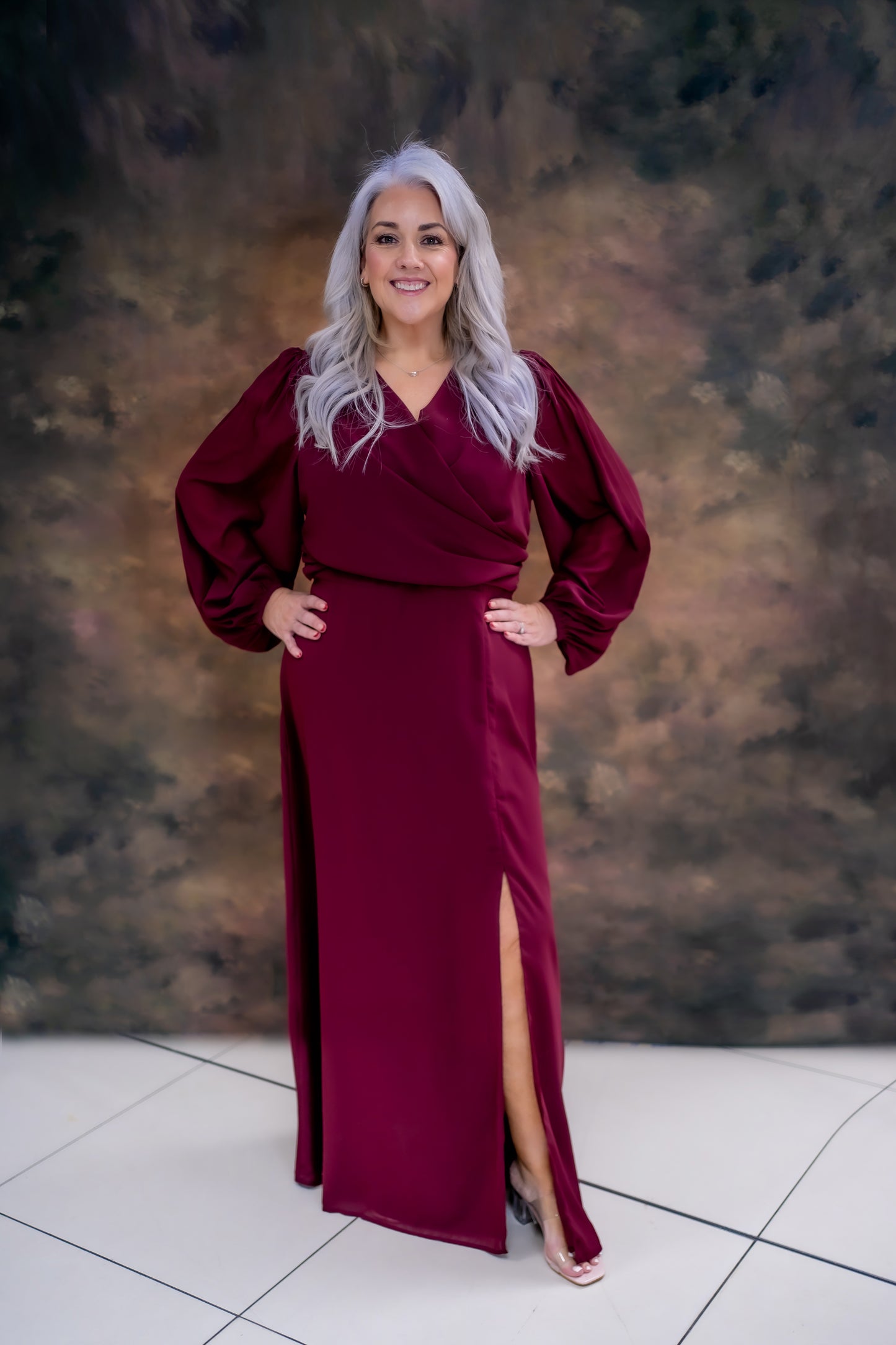 Anaya Maroon Faux Wrap Blouson Sleeve Maxi Dress