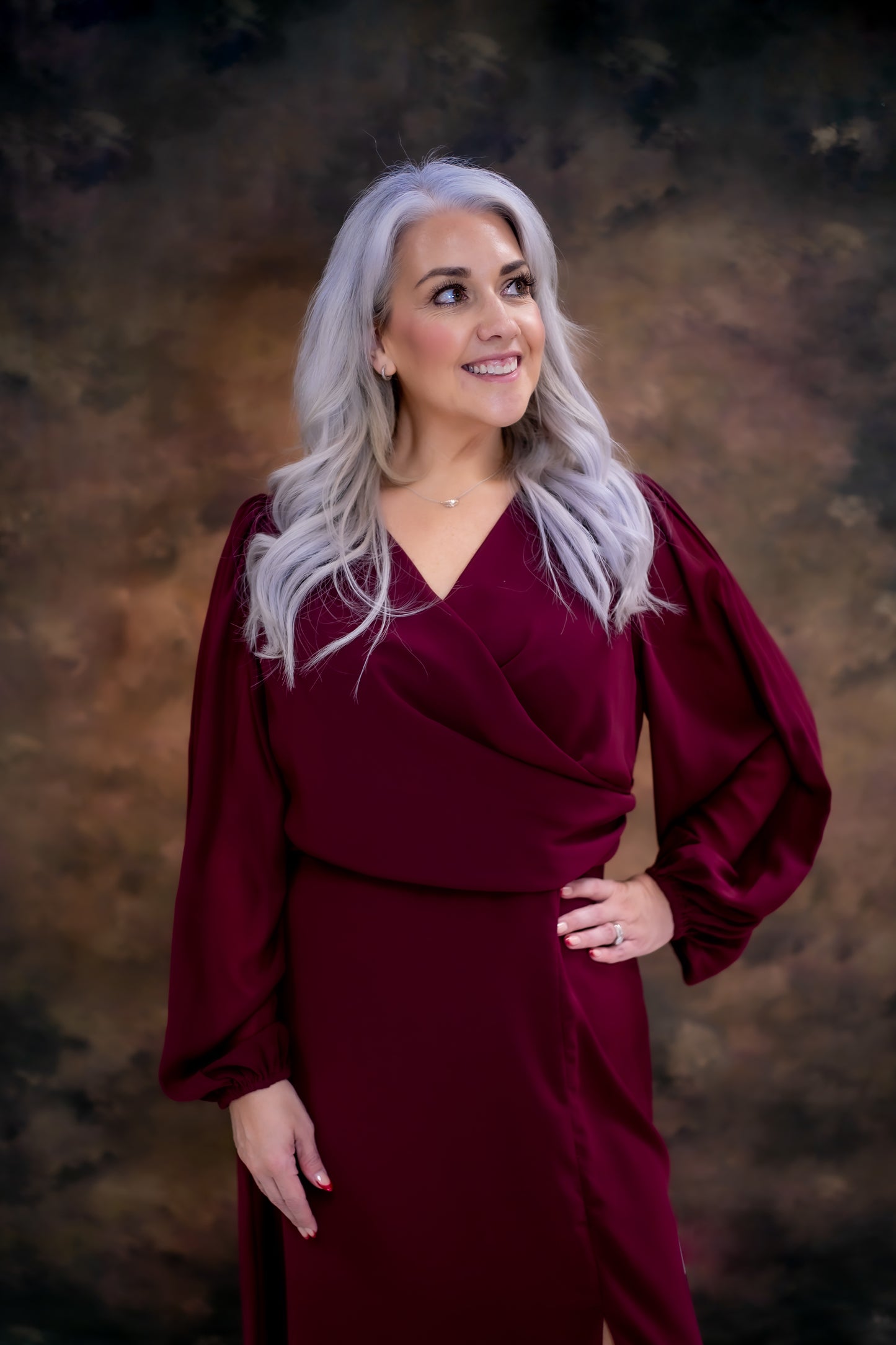 Anaya Maroon Faux Wrap Blouson Sleeve Maxi Dress