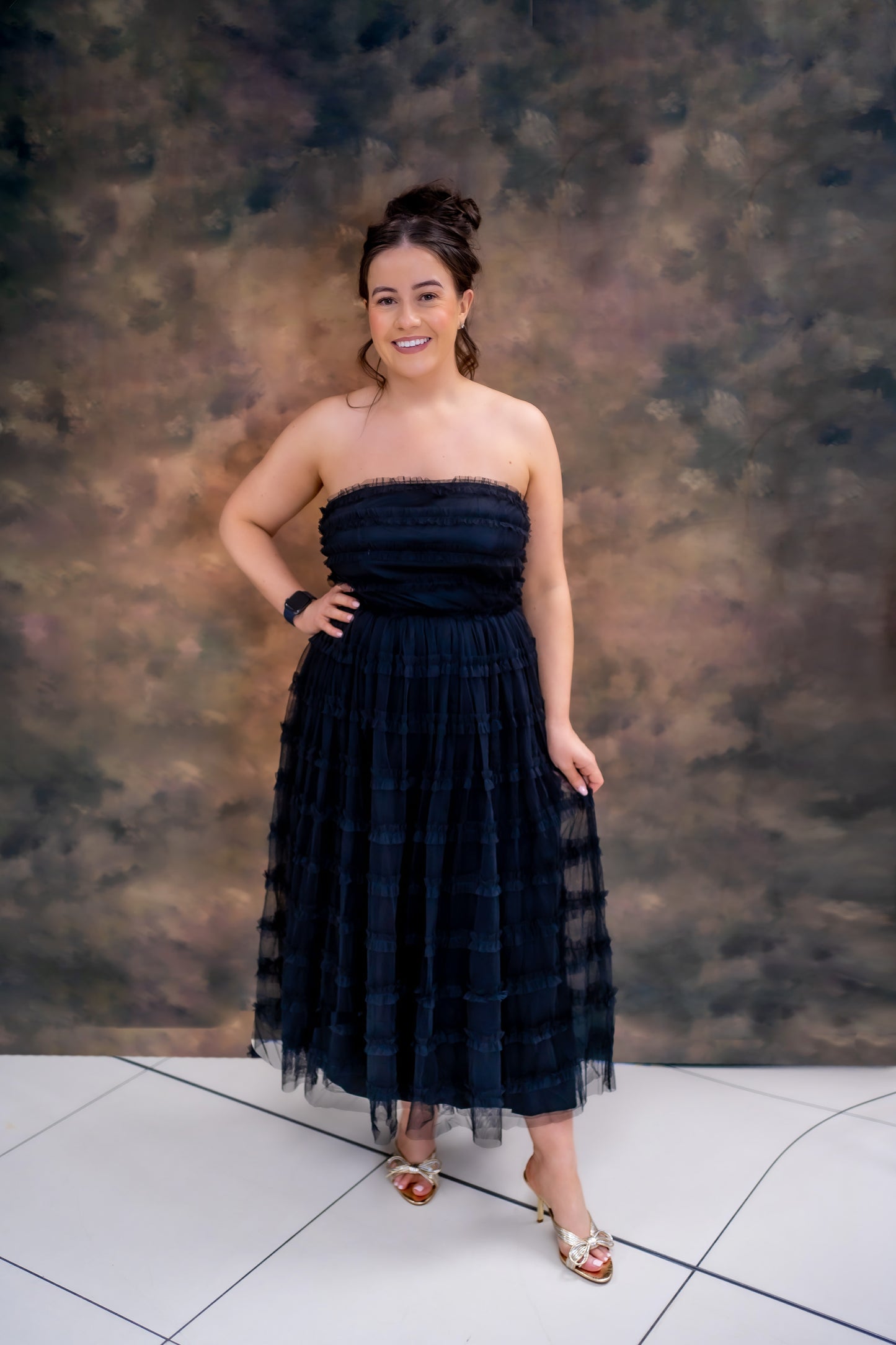 Anaya Black Bandeau Ruffle Midi Dress